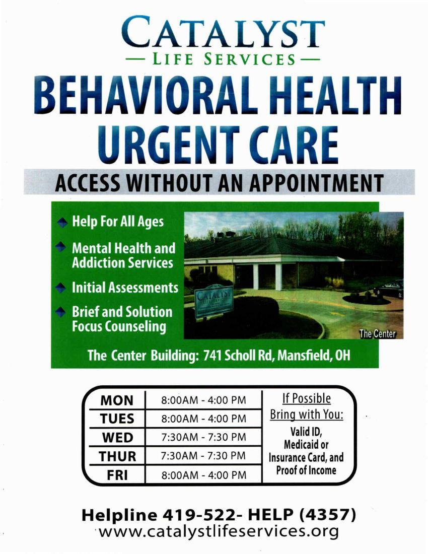 Behavioral Health Urgent Care Mansfield, Ohio location and hours flyer