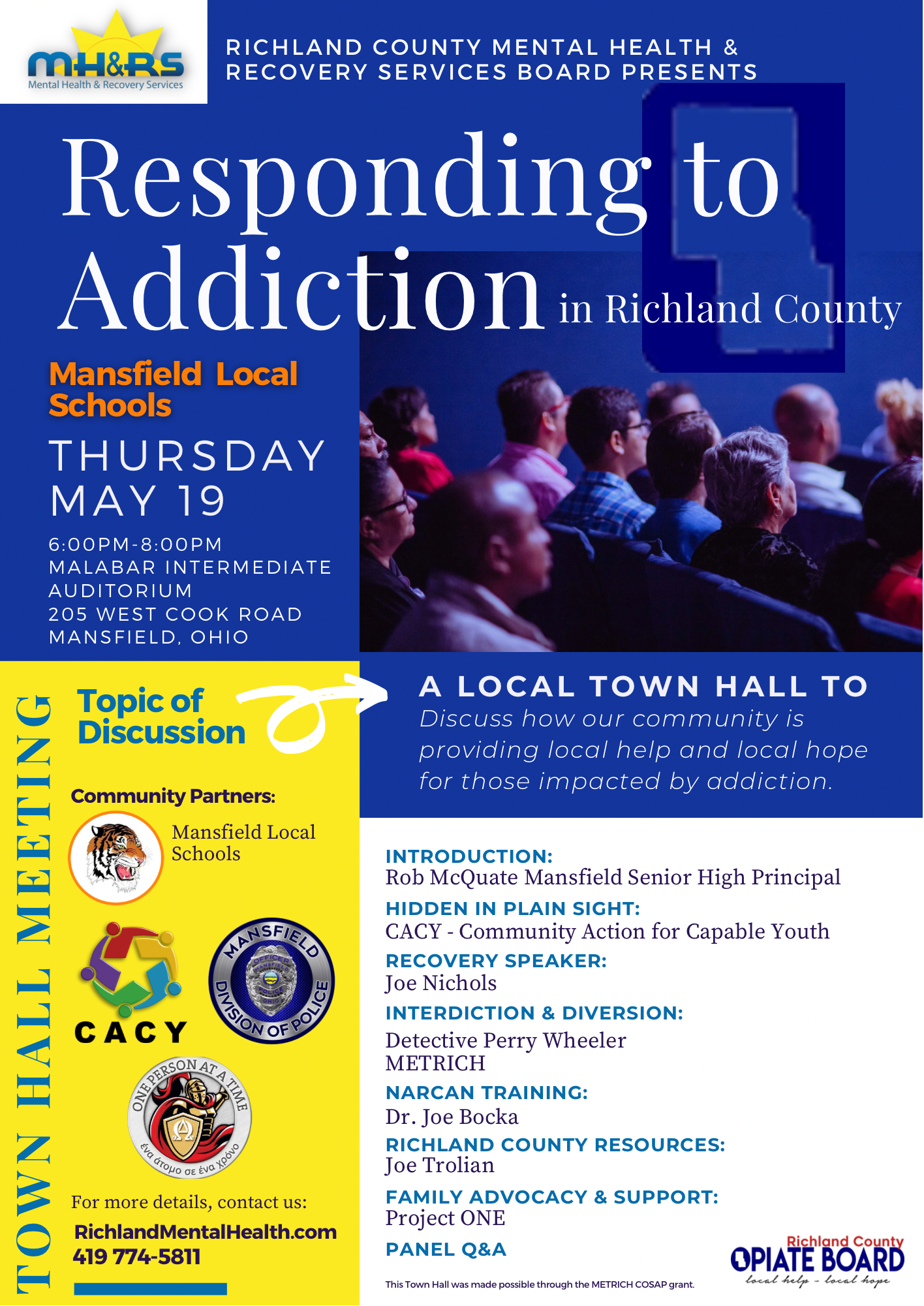 Flyer for Responding to Addiction in Richland County Town Hall May 19, 2022